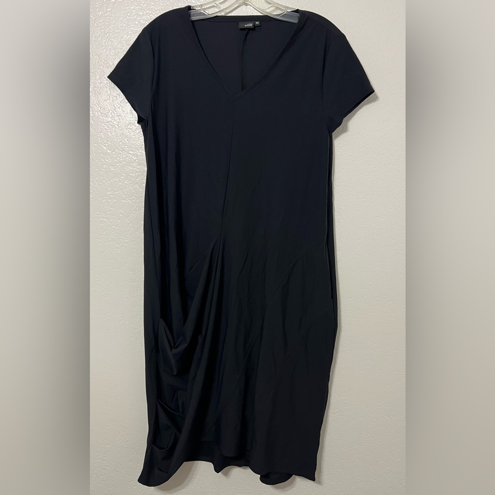 Lisa Bayne Black Ruched Midi Dress Size M Stretch Minimalist Chic Career Capsule